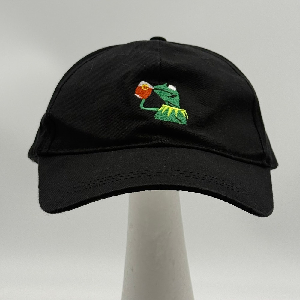 Kermit the Frog Sipping Tea Meme Dad Hat Black Adjustable Baseball Cap